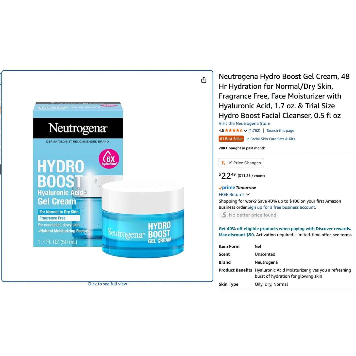 💧 Neutrogena Hydro Boost Gel Cream & Facial Cleanser Set