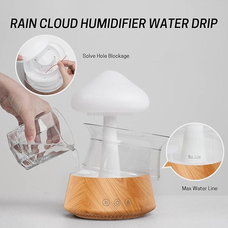 Rain Water Drop Humidifier – Mushroom Cloud Lamp Diffuser (Wood Grain)