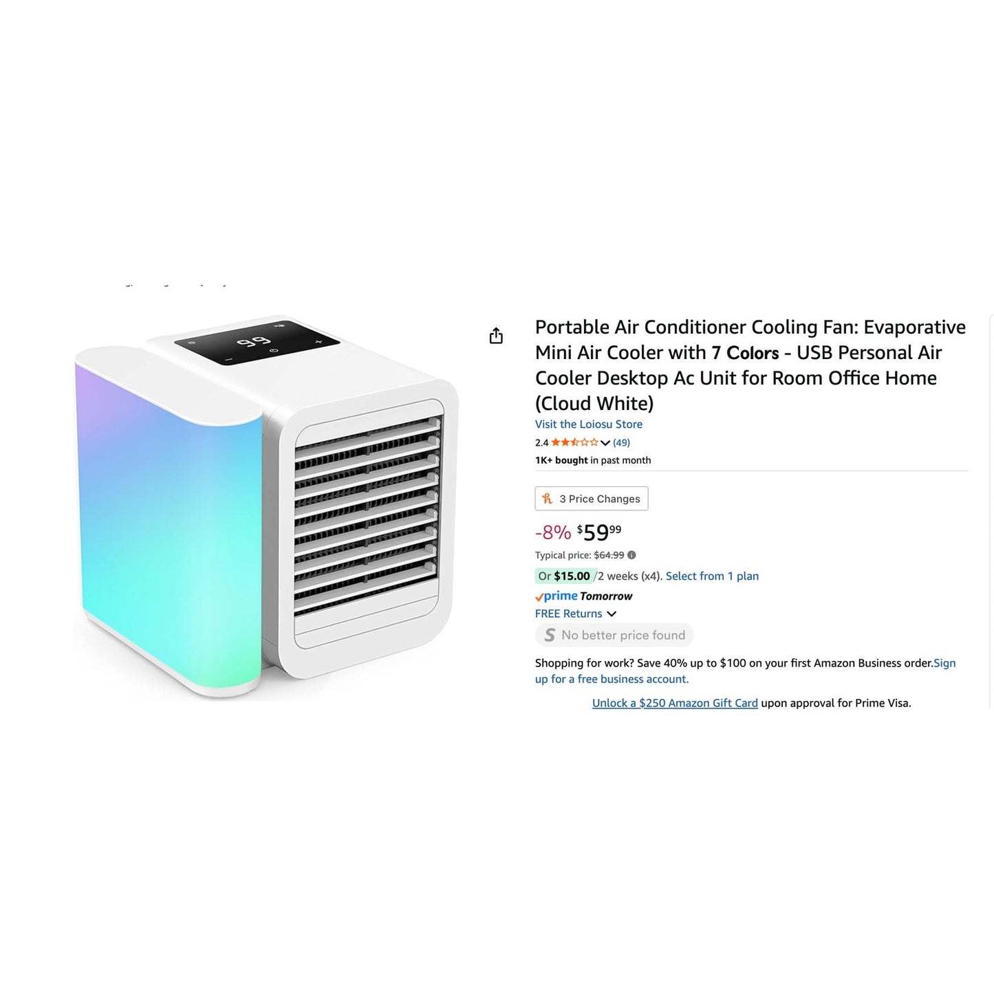 ❄️ Portable Air Conditioners Cooling Fan – 3 Speeds, 7 Night Lights, 2-8H Timer