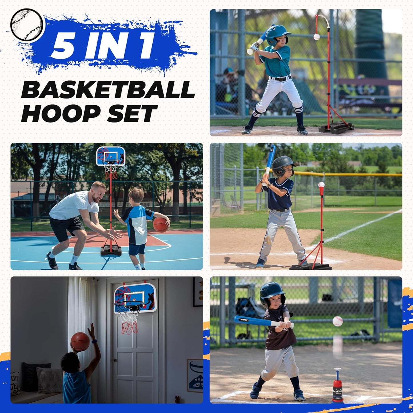 5-in-1 Kids Basketball Hoop & T-Ball Set β Indoor & Outdoor Fun