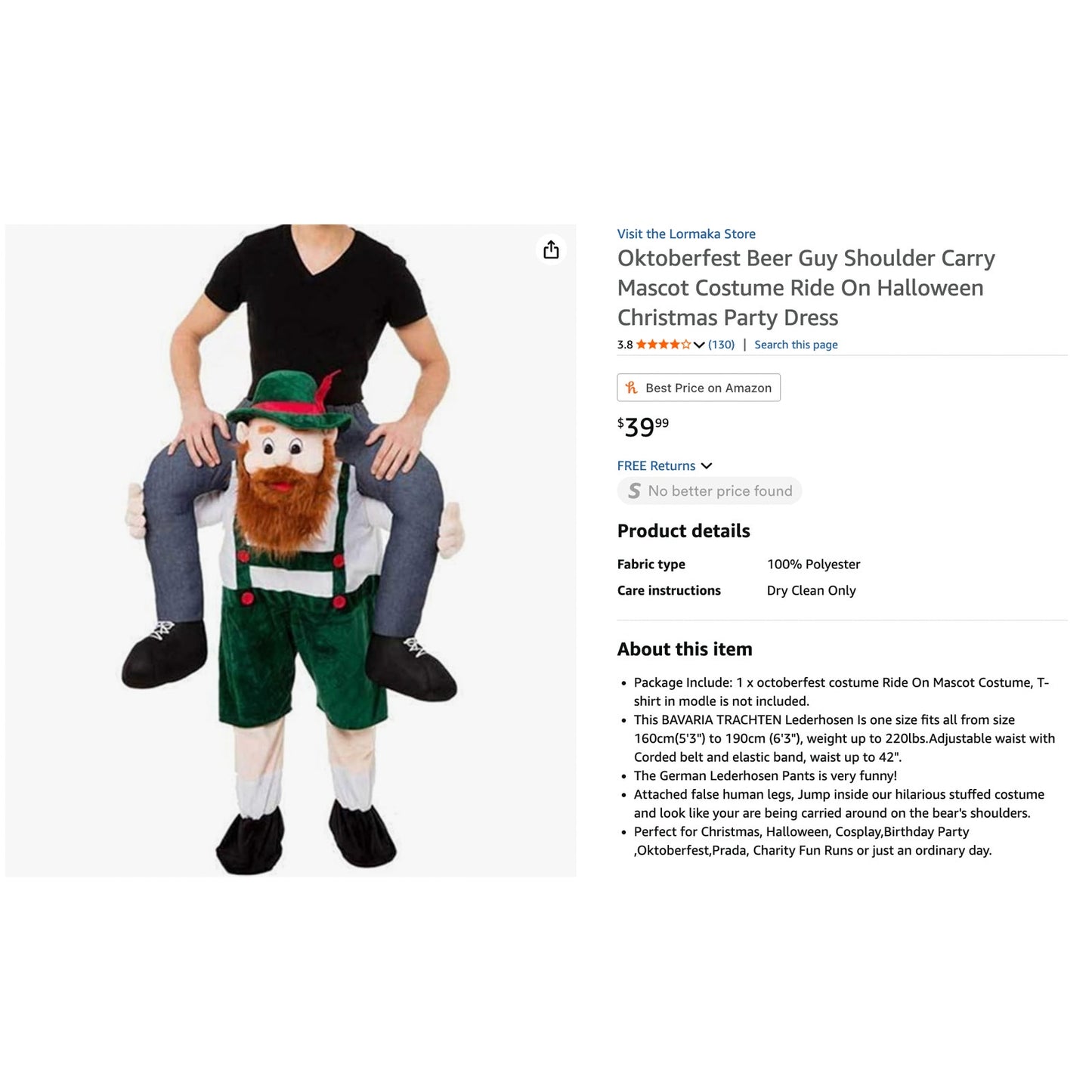 Oktoberfest Beer Guy Shoulder Ride-On Costume – One Size Fits Most