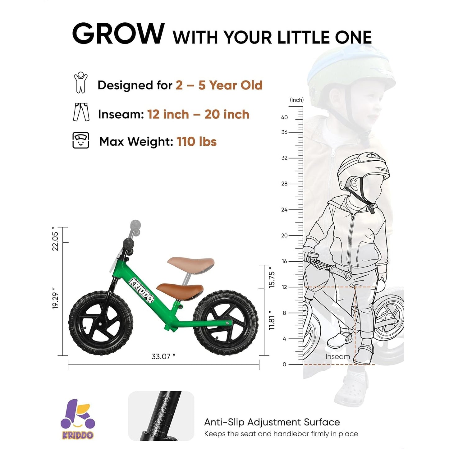 KRIDDO Toddler Balance Bike – 12” Push Bike with Custom Plate for Ages 18 Months to 5 Years 👶