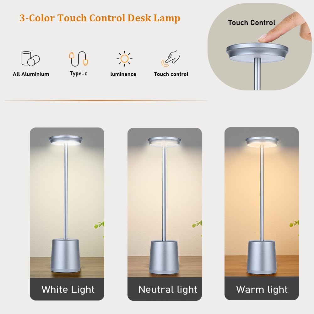 🌟 Cordless Metal Desk Lamp – Portable Touch Sensor LED Table Lamp