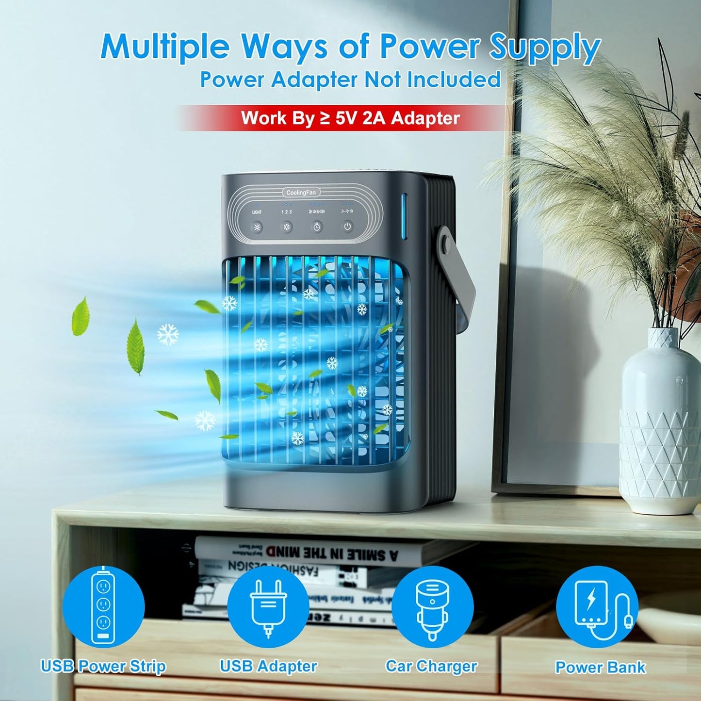 ❄️ Portable Air Conditioners Cooling Fan – 3 Speeds, 7 Night Lights, 2-8H Timer