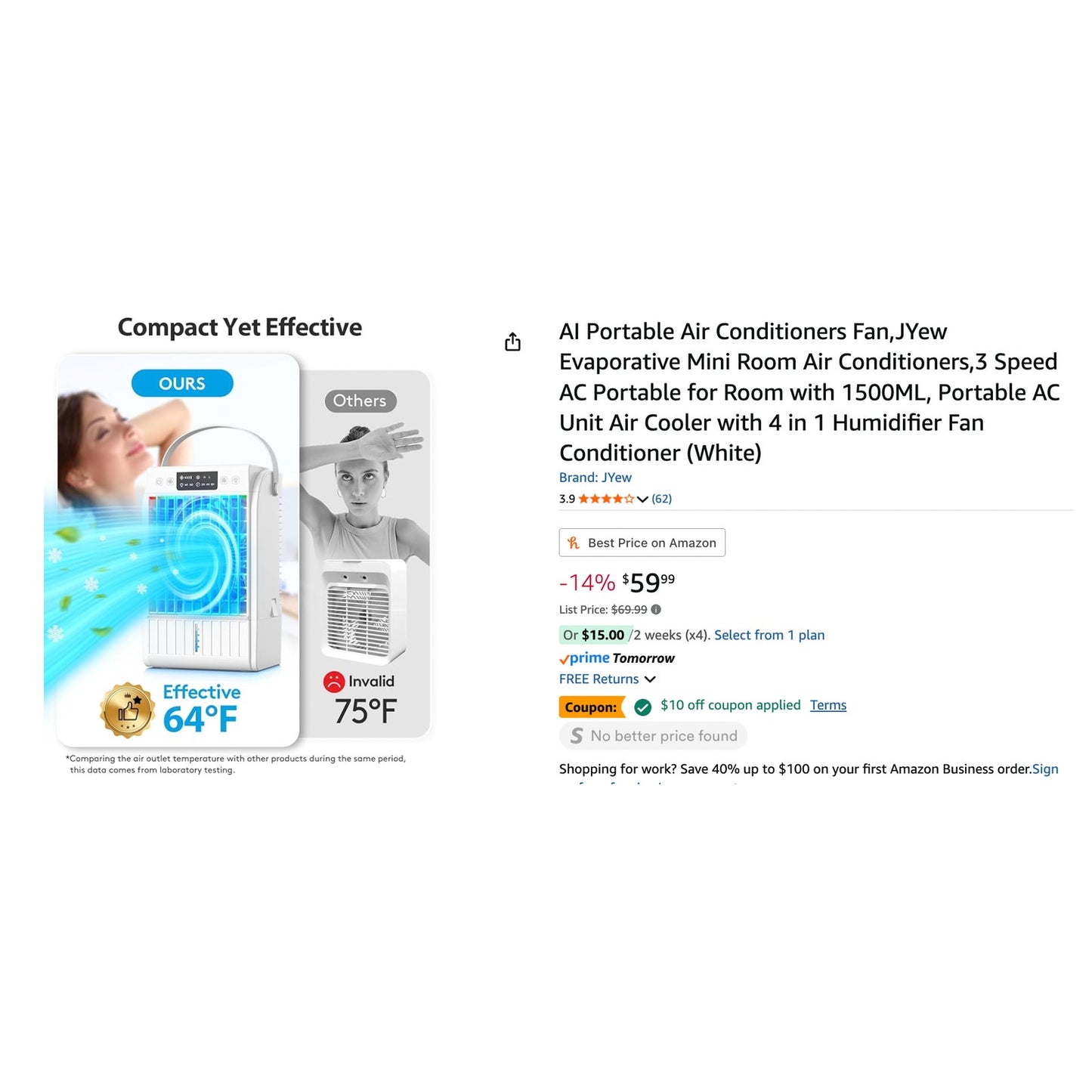 ❄️ JYew AI Portable Air Conditioners Fan – 3-Speed Evaporative Mini Room AC with 1500ML Tank